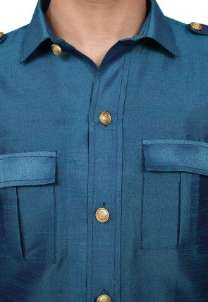 Solid Color Dupion Silk Pathani Suit in Teal Blue