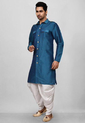 Solid Color Dupion Silk Pathani Suit in Teal Blue