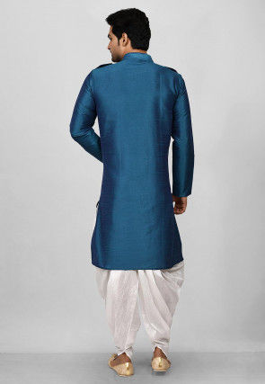 Solid Color Dupion Silk Pathani Suit in Teal Blue