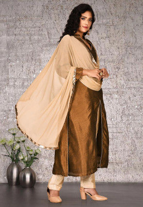 Solid Color Dupion Silk Pakistani Suit in Brown