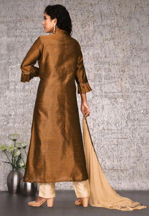 Solid Color Dupion Silk Pakistani Suit in Brown