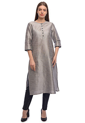 Solid Color Dupion Silk Pakistani Suit in Grey