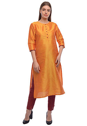 Solid Color Dupion Silk Pakistani Suit in Light Orange