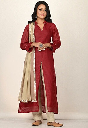 Solid Color Dupion Silk Pakistani Suit in Red