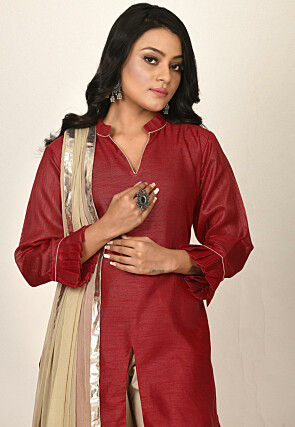 Solid Color Dupion Silk Pakistani Suit in Red