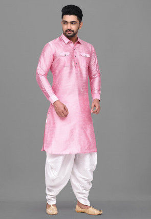 Solid Color Dupion Silk Pathani Suit in Pink