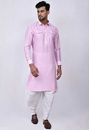 Solid Color Dupion Silk Pathani Suit in Pink