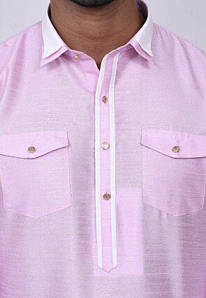 Solid Color Dupion Silk Pathani Suit in Pink