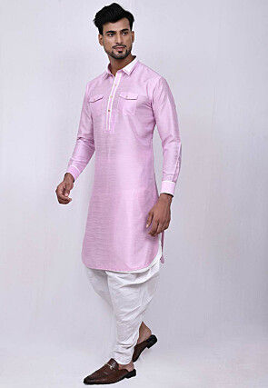 Solid Color Dupion Silk Pathani Suit in Pink