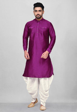 Solid Color Dupion Silk Pathani Suit in Purple