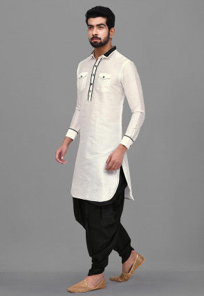 Solid Color Dupion Silk Pathani Suit in White