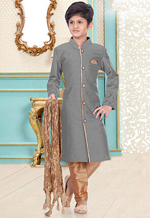 Solid Color Dupion Silk Sherwani in Grey
