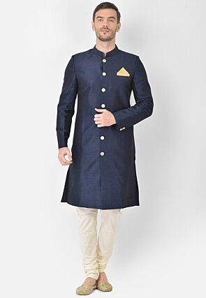 Solid Color Dupion Silk Sherwani in Navy Blue
