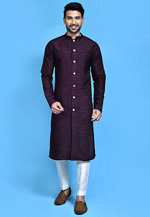 Solid Color Dupion Silk Sherwani in Purple