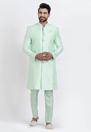 Solid Color Dupion Silk Sherwani in Sea Green