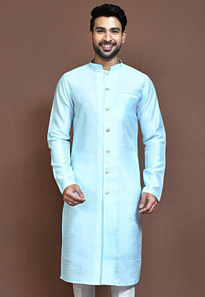 Solid Color Dupion Silk Sherwani in Sky Blue