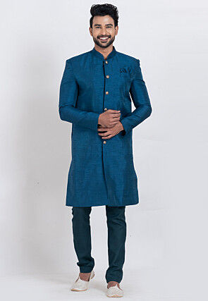 Solid Color Dupion Silk Sherwani in Teal Blue