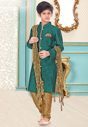 Solid Color Dupion Silk Sherwani in Teal Green