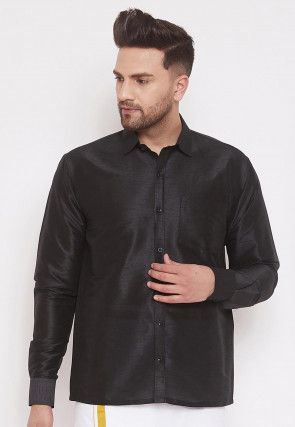 Solid Color Dupion Silk Shirt in Black
