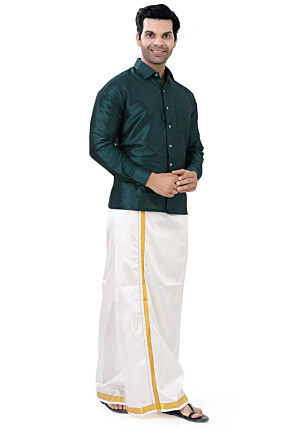 Solid Color Dupion Silk Shirt in Dark Teal Green