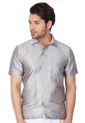 Solid Color Dupion Silk Shirt in Grey