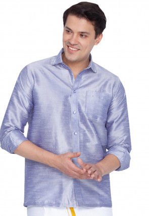 Solid Color Dupion Silk Shirt in Light Indigo Blue