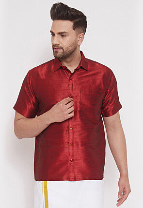 Solid Color Dupion Silk Shirt in Maroon