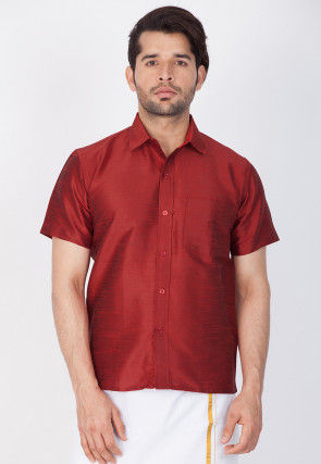 Solid Color Dupion Silk Shirt in Maroon