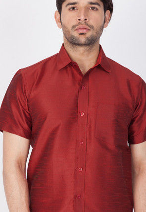 Solid Color Dupion Silk Shirt in Maroon