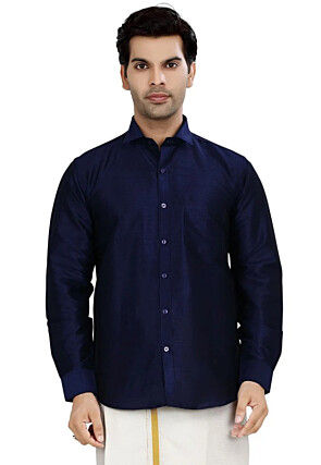 Solid Color Dupion Silk Shirt in Navy Blue