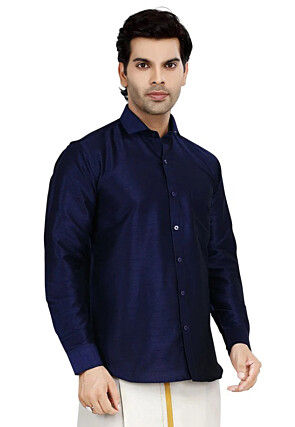 Solid Color Dupion Silk Shirt in Navy Blue