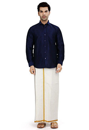 Solid Color Dupion Silk Shirt in Navy Blue