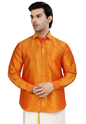 Solid Color Dupion Silk Shirt in Orange