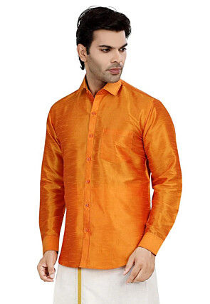 Solid Color Dupion Silk Shirt in Orange