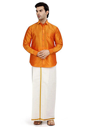 Solid Color Dupion Silk Shirt in Orange