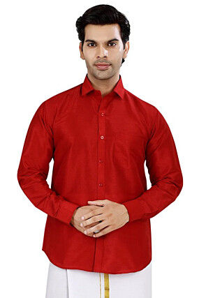 Solid Color Dupion Silk Shirt in Red