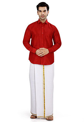 Solid Color Dupion Silk Shirt in Red