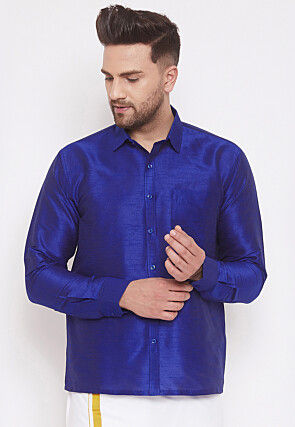 Solid Color Dupion Silk Shirt in Royal Blue