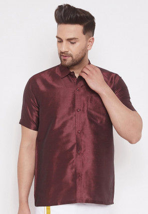 Solid Color Dupion Silk Shirt in Wine