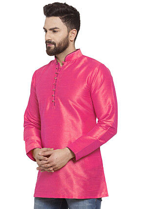 Solid Color Dupion Silk Short Kurta in Pink