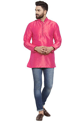 Solid Color Dupion Silk Short Kurta in Pink