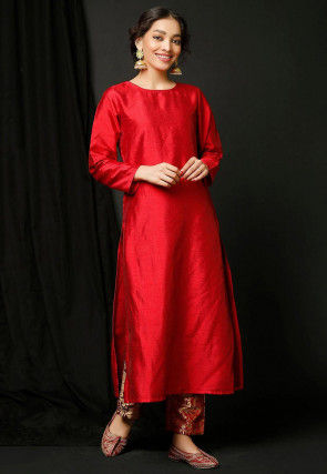 Solid Color Dupion Silk Straight Kurta in Red