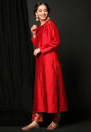 Solid Color Dupion Silk Straight Kurta in Red