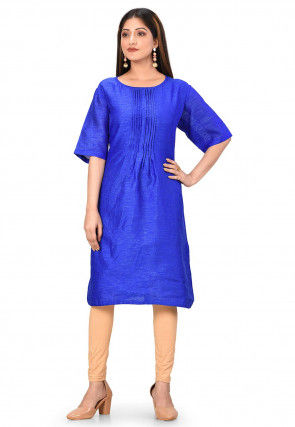 Solid Color Dupion Silk Straight Kurta in Royal Blue