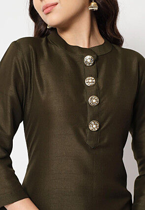 Solid Color Dupion Silk Straight Kurta Set in Dark Olive Green