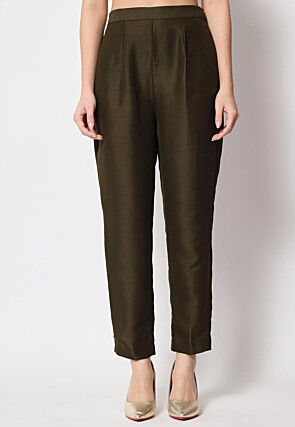 Solid Color Dupion Silk Straight Kurta Set in Dark Olive Green