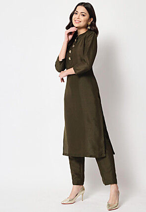 Solid Color Dupion Silk Straight Kurta Set in Dark Olive Green