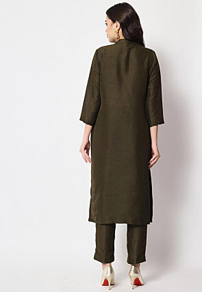 Solid Color Dupion Silk Straight Kurta Set in Dark Olive Green