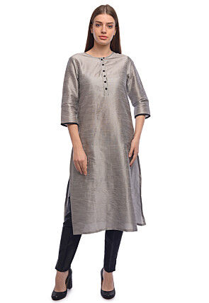 Solid Color Dupion Silk Straight Kurta Set in Grey