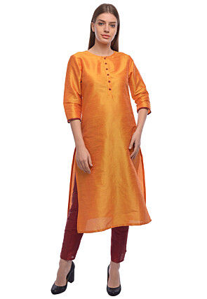 Solid Color Dupion Silk Straight Kurta Set in Light Orange